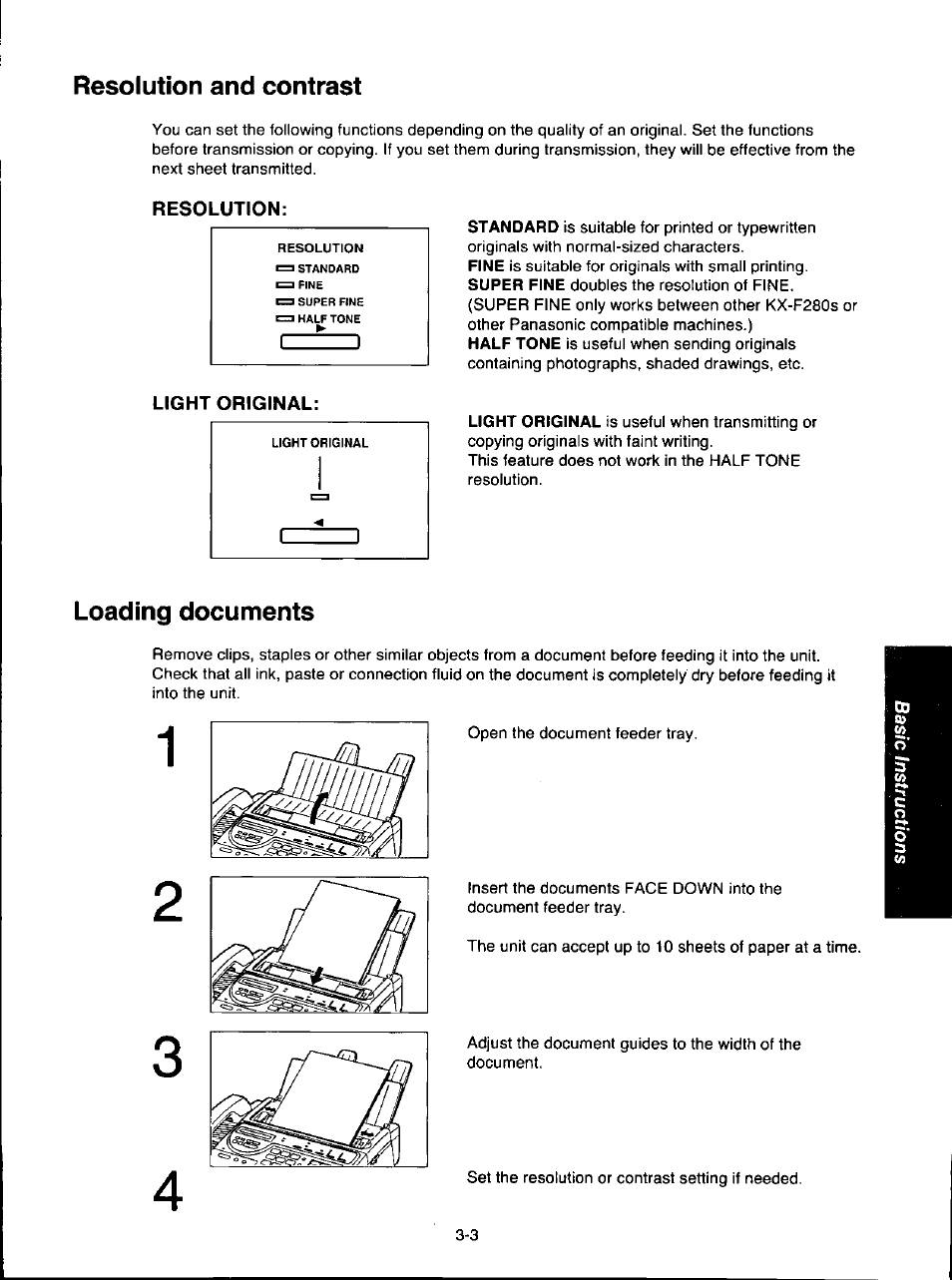 Resolution and contrast, Loading documents, Resolution and contrast -3 | Loading documents -3 | Panasonic KX-F280C User Manual | Page 49 / 152