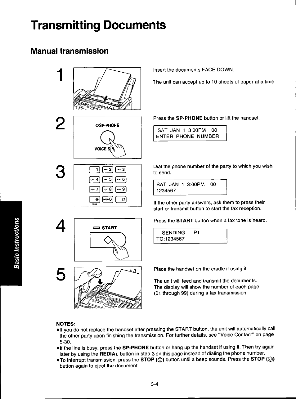 Transmitting documents, Manual transmission, Notes | Transmitting documents -4, Manual transmission -4 | Panasonic KX-F280C User Manual | Page 50 / 152