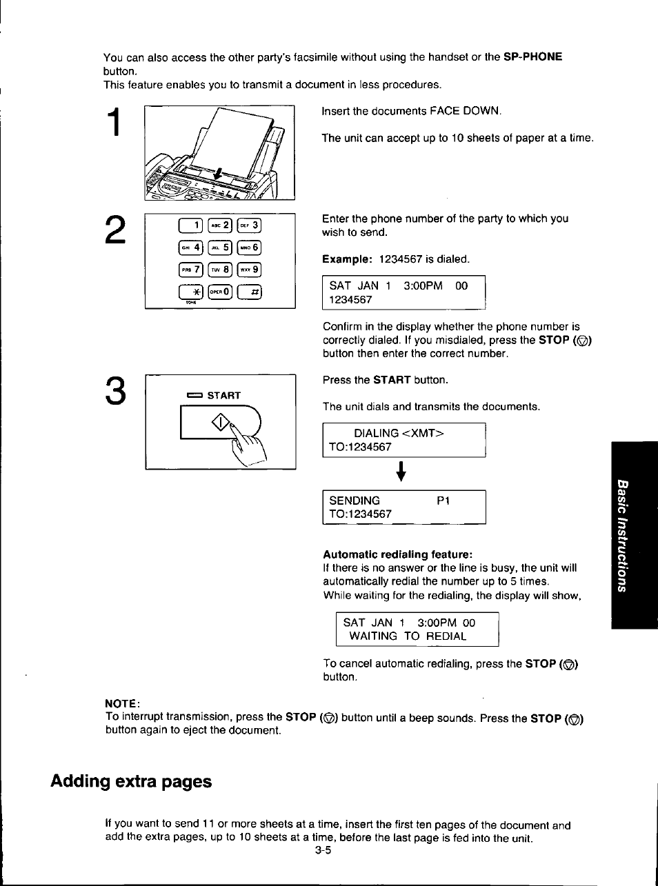 Automatic redialing feature, Note, Adding extra pages | Panasonic KX-F280C User Manual | Page 51 / 152