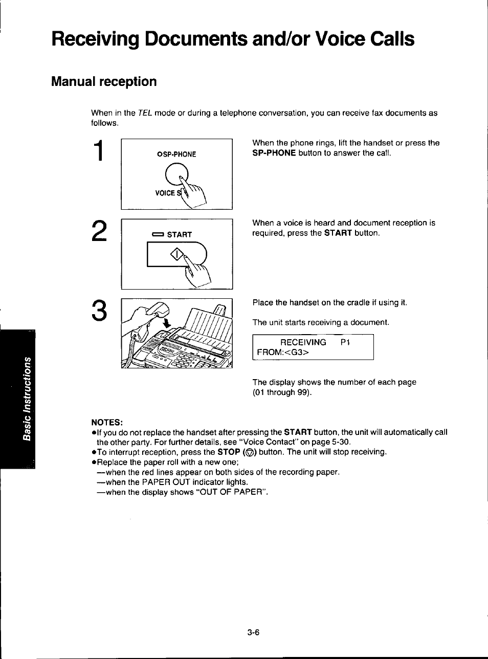Receiving documents and/or voice caiis, Notes, Receiving documents and/or voice caiis -6 | Manual reception | Panasonic KX-F280C User Manual | Page 52 / 152