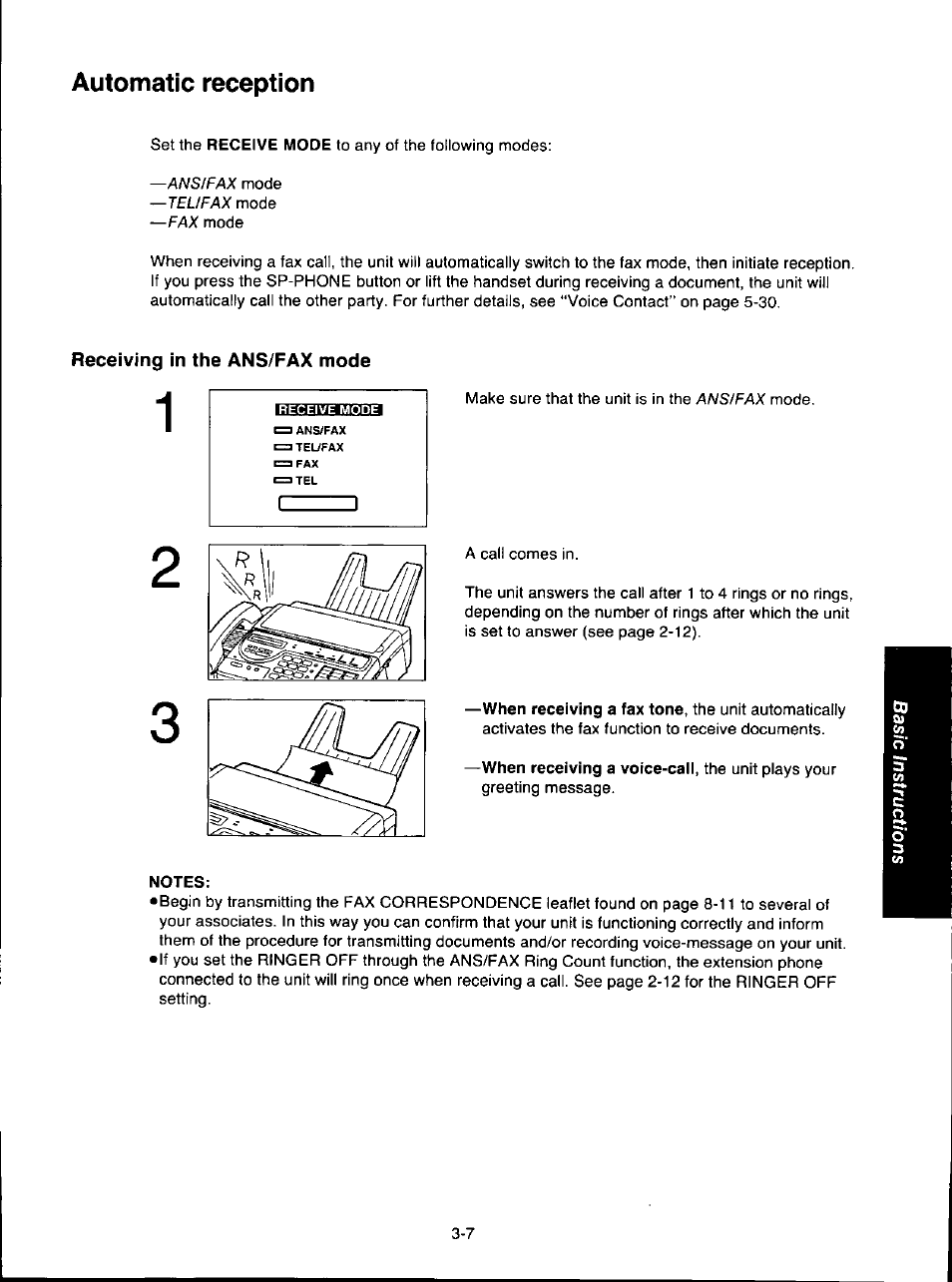 Automatic reception, Notes, Manual reception -6 | Receiving in the ans/fax mode | Panasonic KX-F280C User Manual | Page 53 / 152