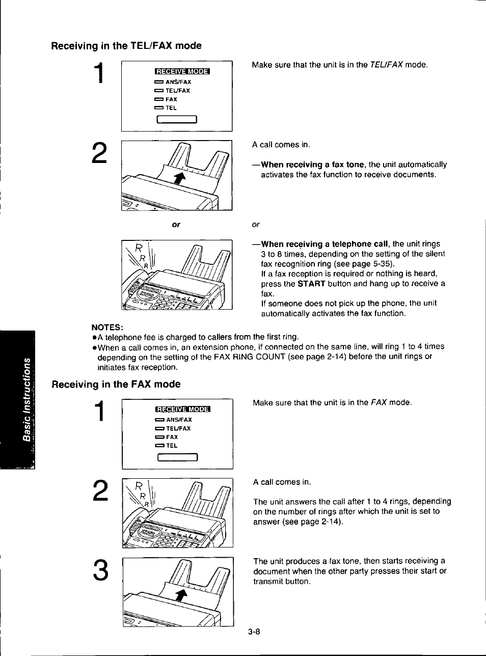 Notes, Receiving in the tel/fax mode, Receiving in the fax mode | Panasonic KX-F280C User Manual | Page 54 / 152