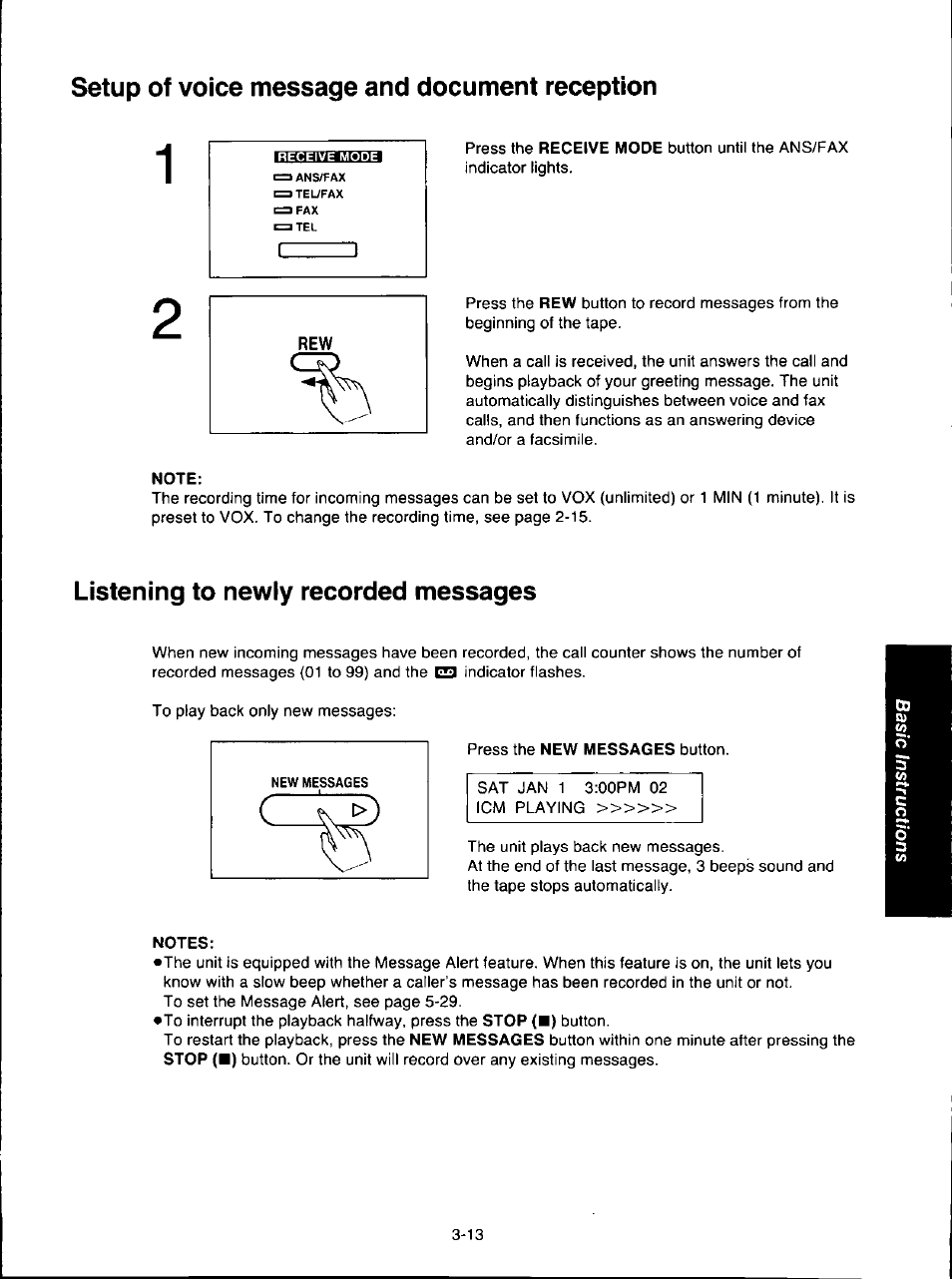 Setup of voice message and document reception, Note, Listening to newly recorded messages | Notes, Setup of voice message and document reception -13, Listening to newly recorded messages -13 | Panasonic KX-F280C User Manual | Page 59 / 152