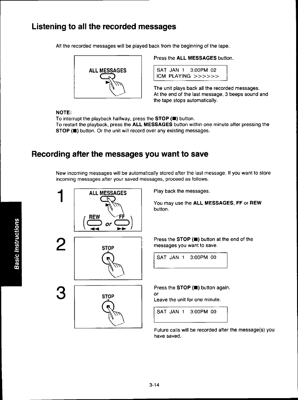 Listening to ali the recorded messages, Note, Recording after the messages you want to save | Listening to all the recorded messages -14, Recording after the messages you want to save -14 | Panasonic KX-F280C User Manual | Page 60 / 152