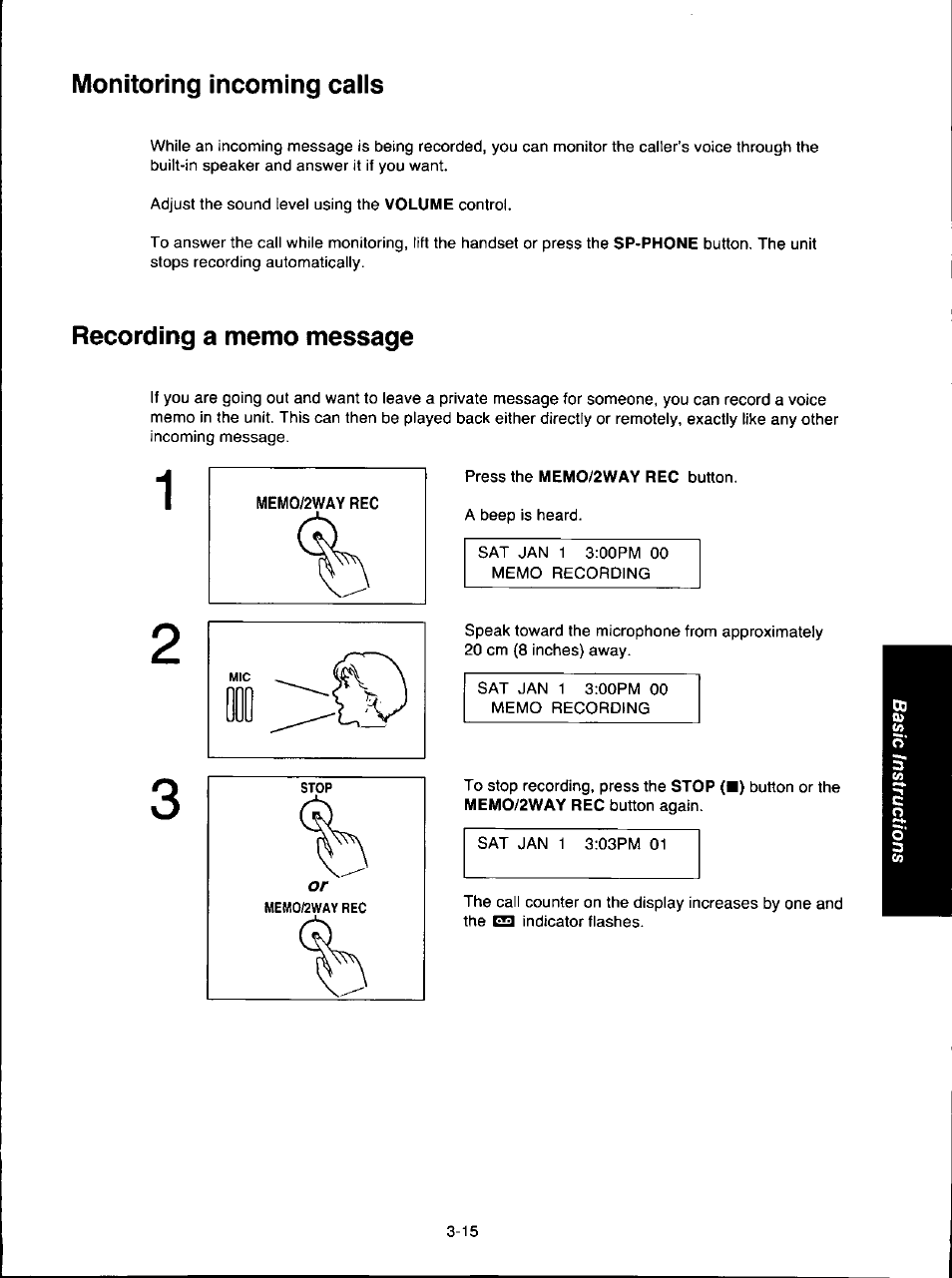 Monitoring incoming calls, Recording a memo message | Panasonic KX-F280C User Manual | Page 61 / 152