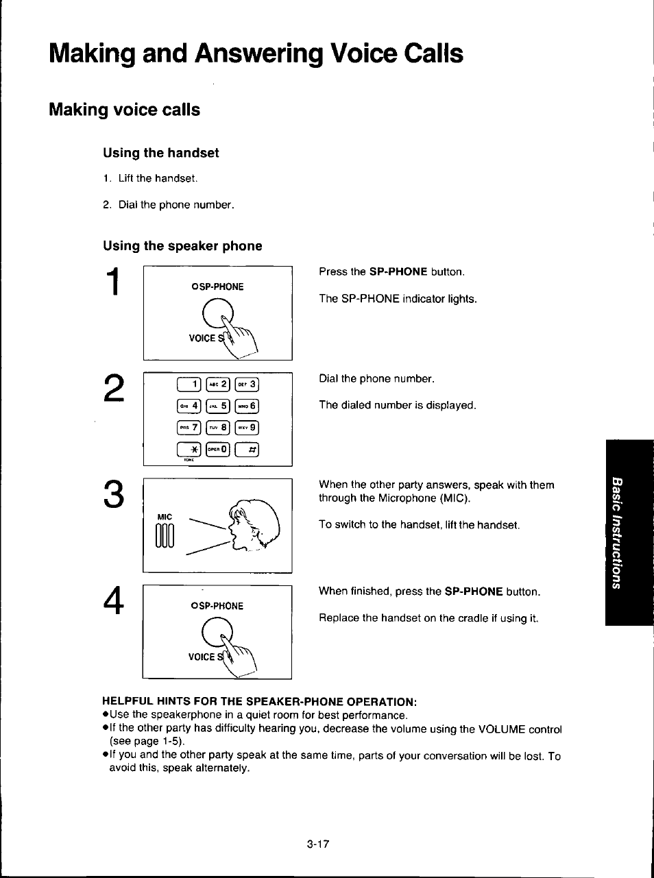 Making and answering voice calis, Making voice calis, Helpful hints for the speaker-phone operation | Making and answering voice calls -17, Making voice calls -17, 7 j i, 3 i i, C3e3c3 | Panasonic KX-F280C User Manual | Page 63 / 152