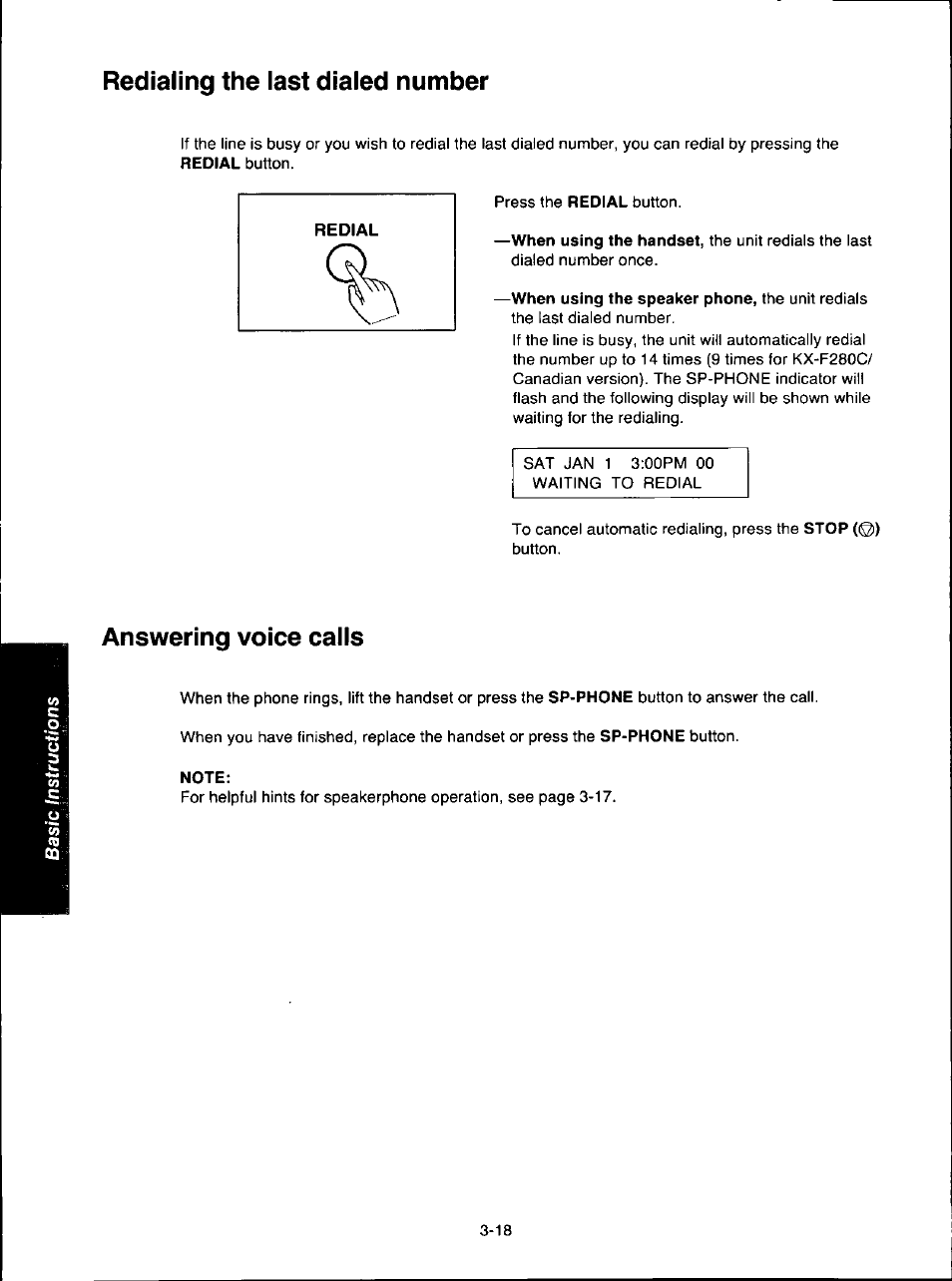 Redialing the last dialed number, Answering voice calls, Note | Redialing the last dialed number -18 | Panasonic KX-F280C User Manual | Page 64 / 152