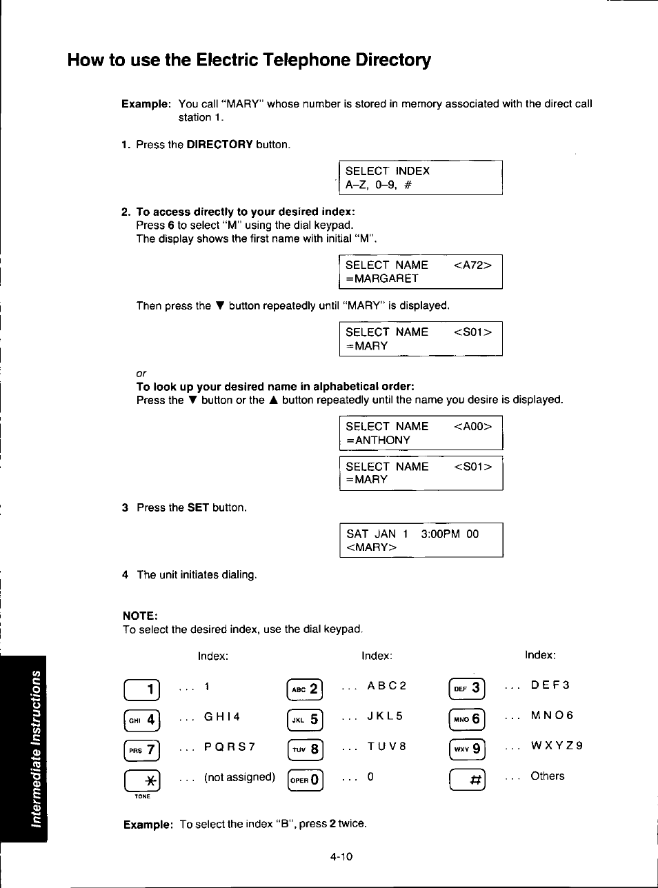 How to use the electric telephone directory, To access directly to your desired index, To look up your desired name in alphabetical order | Note | Panasonic KX-F280C User Manual | Page 74 / 152