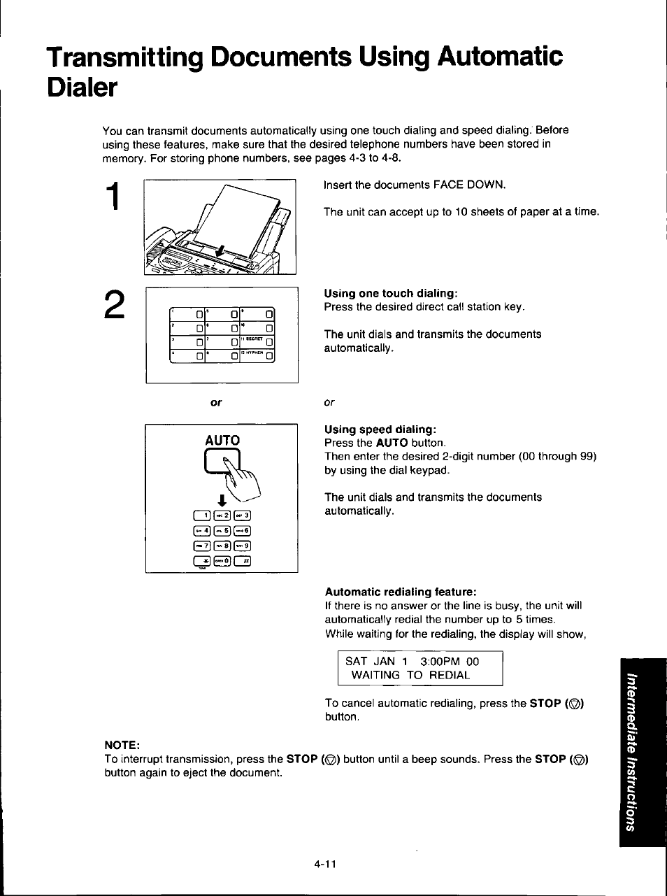 Transmitting documents using automatic diaier, Using one touch dialing, Using speed dialing | Automatic redialing feature, Note, Transmitting documents using automatic dialer -11 | Panasonic KX-F280C User Manual | Page 75 / 152