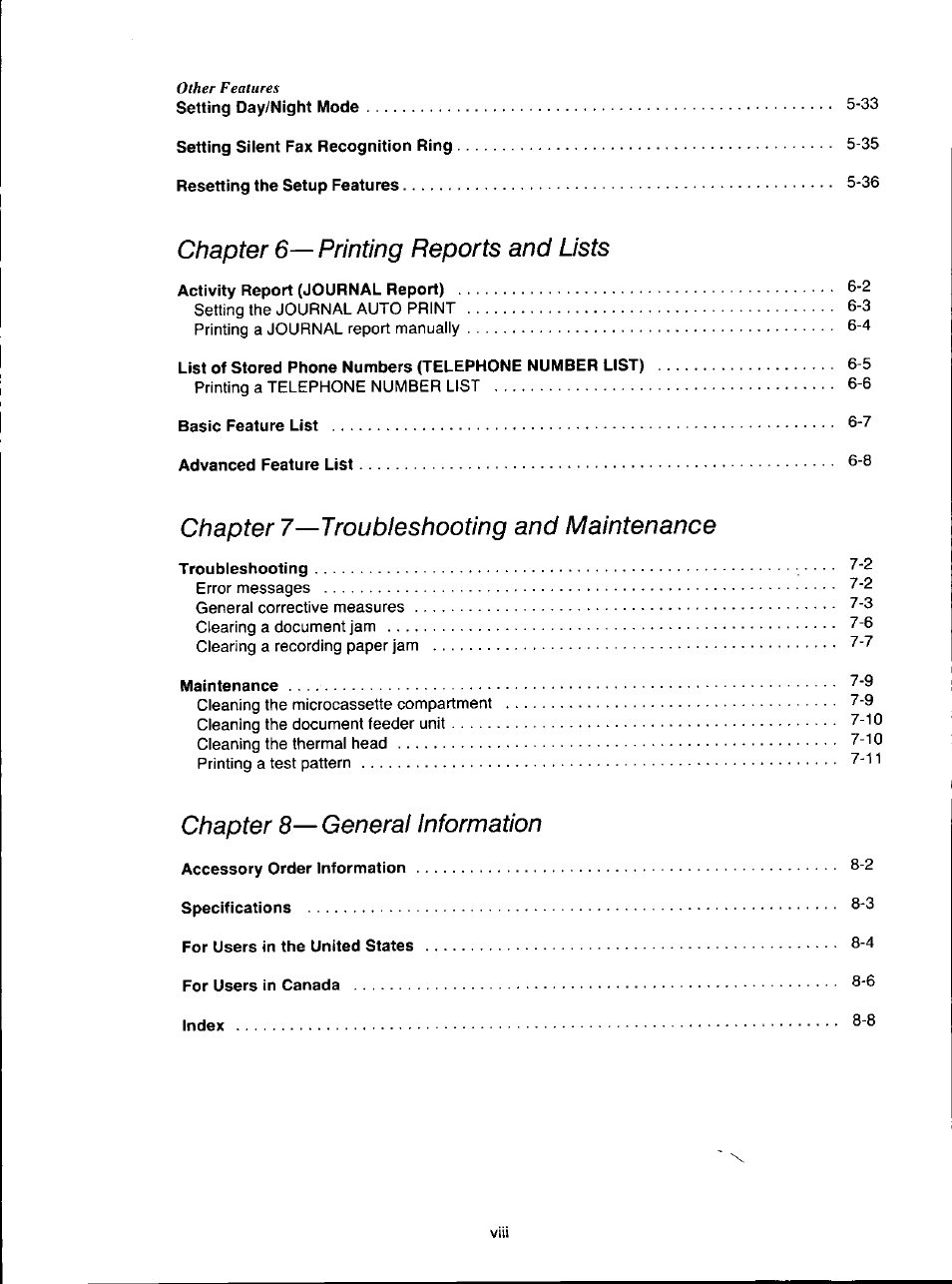 Chapter 6—printing reports and lists, Chapter 7—troubleshooting and maintenance, Chapter 8—general information | Panasonic KX-F280C User Manual | Page 8 / 152