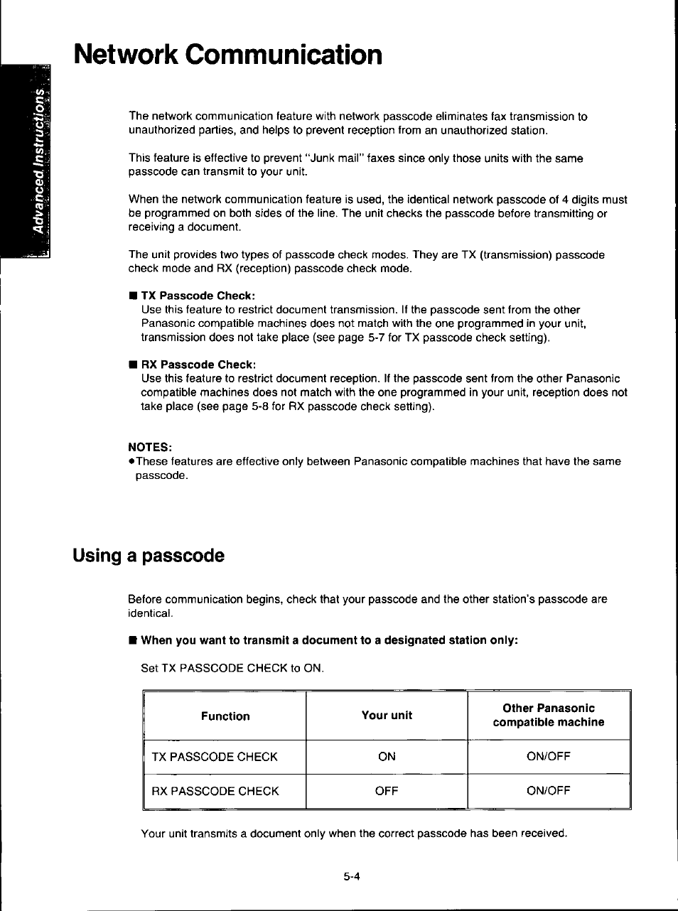 Network communication, Tx passcode check, Rx passcode check | Notes, Using a passcode, Network communication -4, Using a passcode -4 | Panasonic KX-F280C User Manual | Page 82 / 152