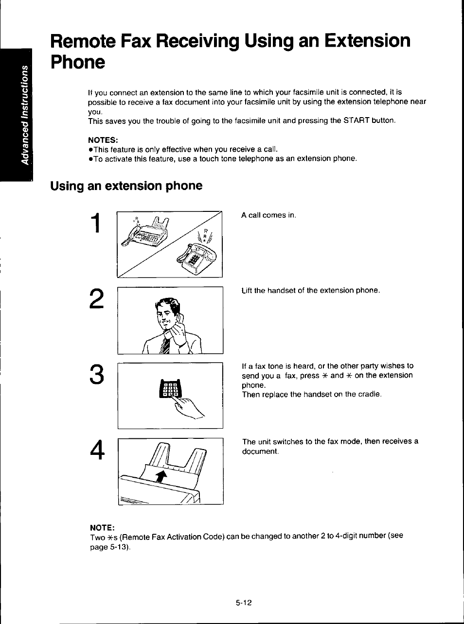 Remote fax receiving using an extension phone, Notes, Using an extension phone | Note, Remote fax receiving using an extension phone -12, Using an extension phone -12 | Panasonic KX-F280C User Manual | Page 90 / 152