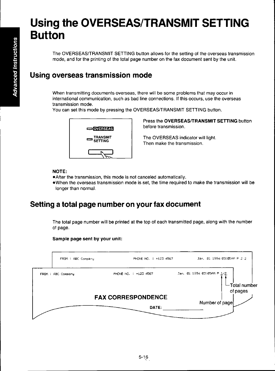 Using the overseas/transmit setting button, Using overseas transmission mode, Note | Using the overseas/transmit setting button -16, Using overseas transmission mode -16, Setting a total page number on your fax document | Panasonic KX-F280C User Manual | Page 94 / 152