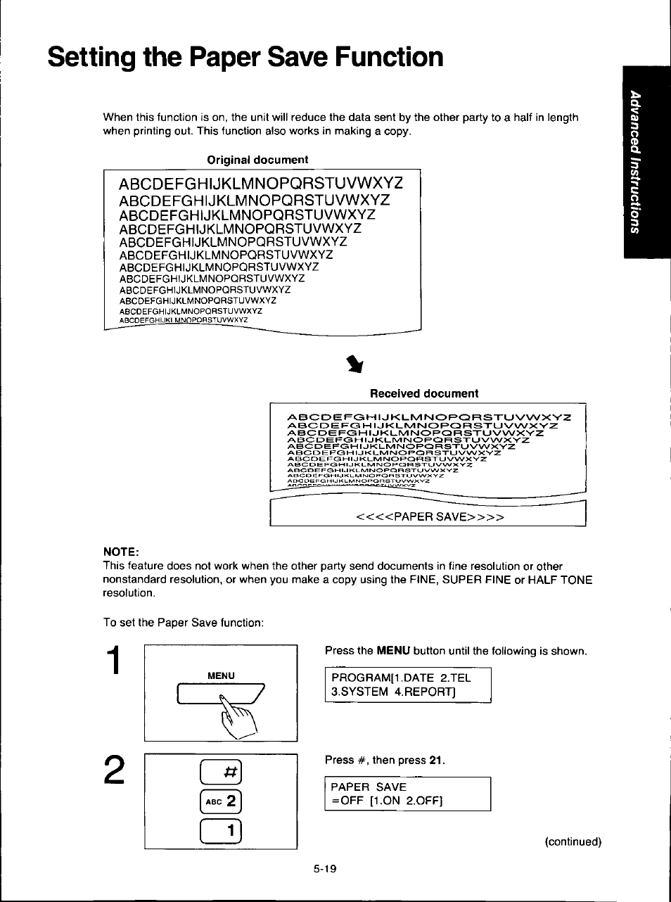 Setting the paper save function, Original document, Received document | Note, Setting the paper save function -19, Abcdefghijklmnopqrstuvwxyz | Panasonic KX-F280C User Manual | Page 97 / 152