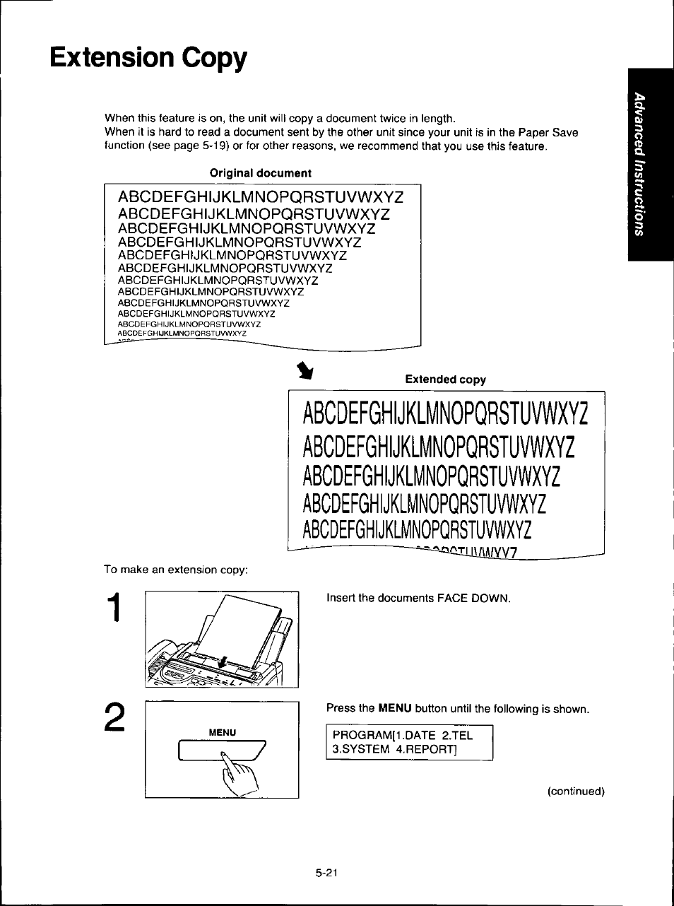 Extension copy, Original document, Extended copy | Extension copy -21 | Panasonic KX-F280C User Manual | Page 99 / 152