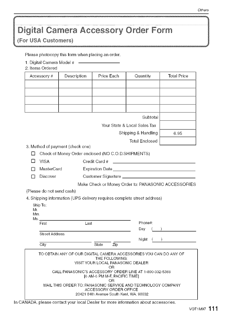 Digital camera accessoiy order form, For usa custoiïiers) | Panasonic DMC-FS5 User Manual | Page 111 / 120