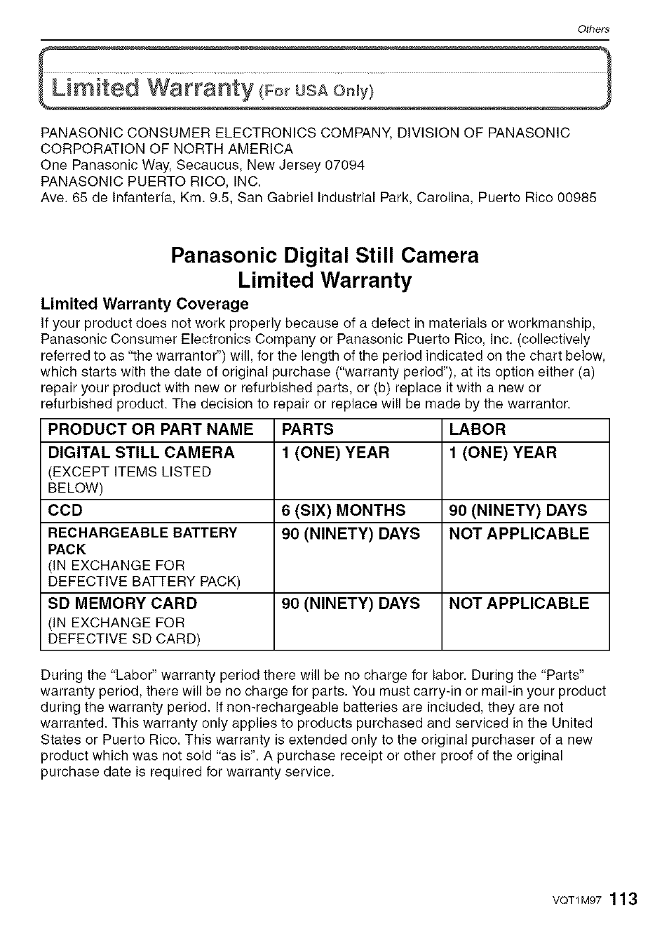 Limiteci warranty, Panasonic digital still camera limited warranty | Panasonic DMC-FS5 User Manual | Page 113 / 120