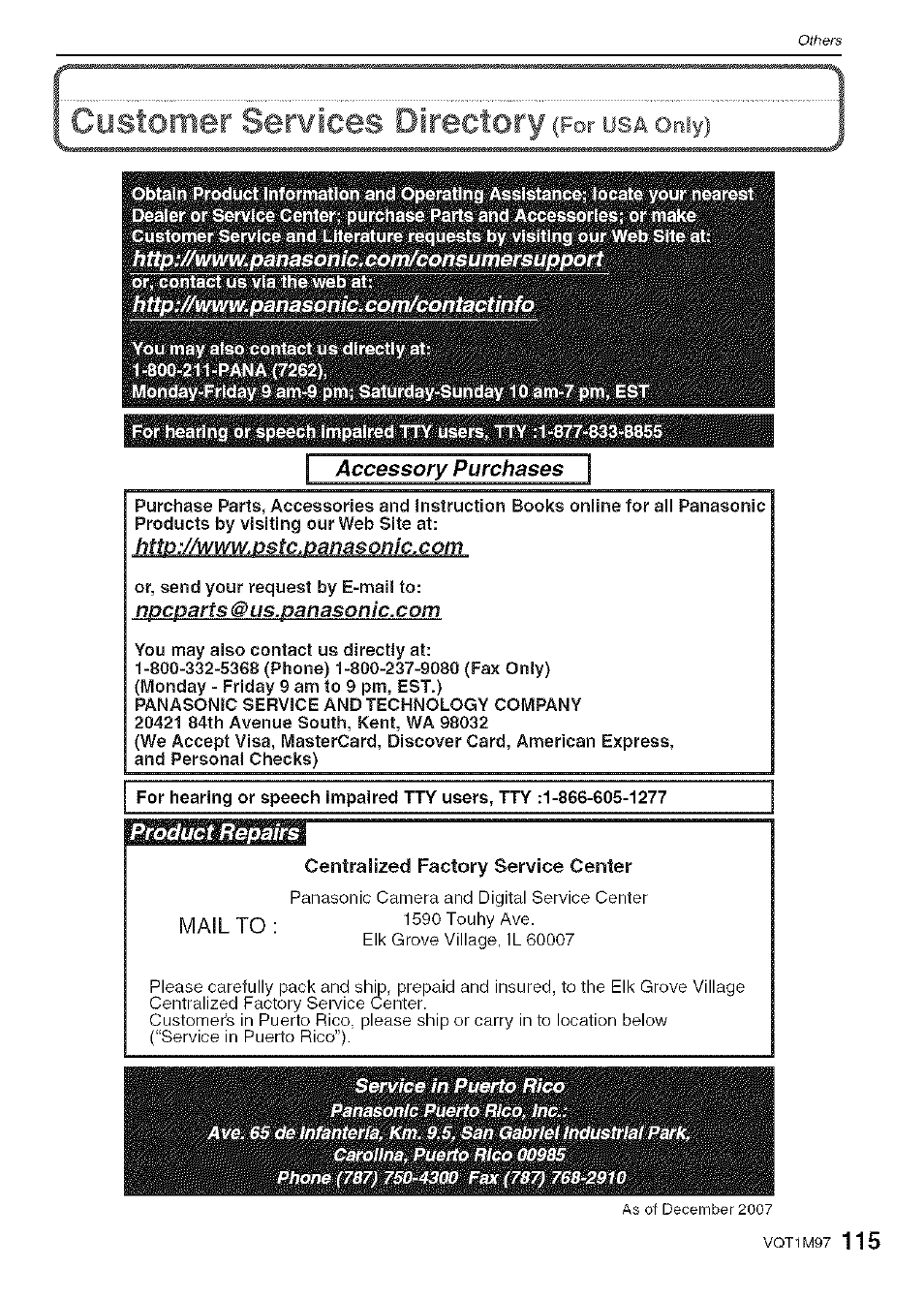 Customer ser¥ices directory, Only) | Panasonic DMC-FS5 User Manual | Page 115 / 120