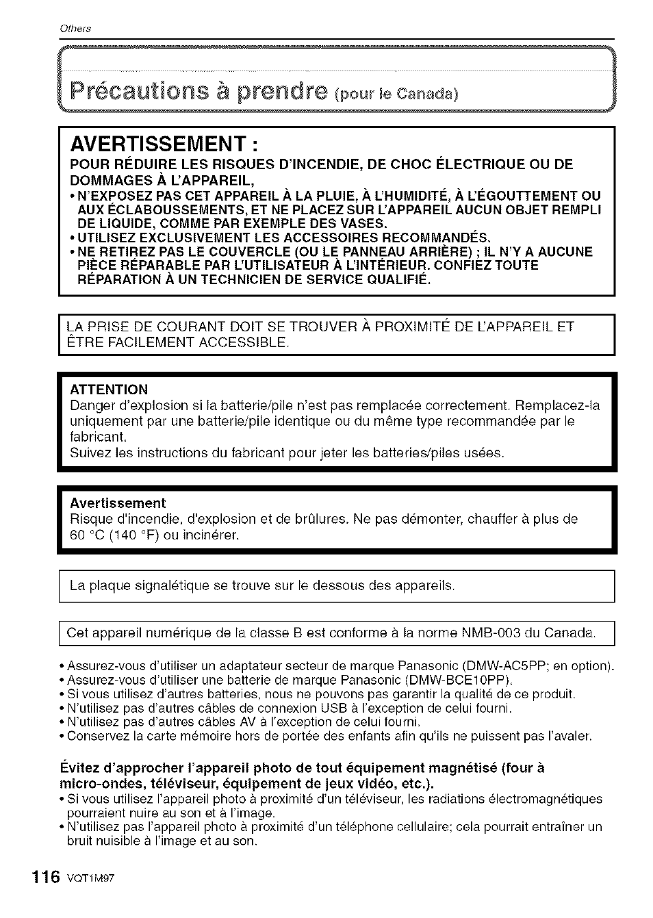 Avertissement | Panasonic DMC-FS5 User Manual | Page 116 / 120
