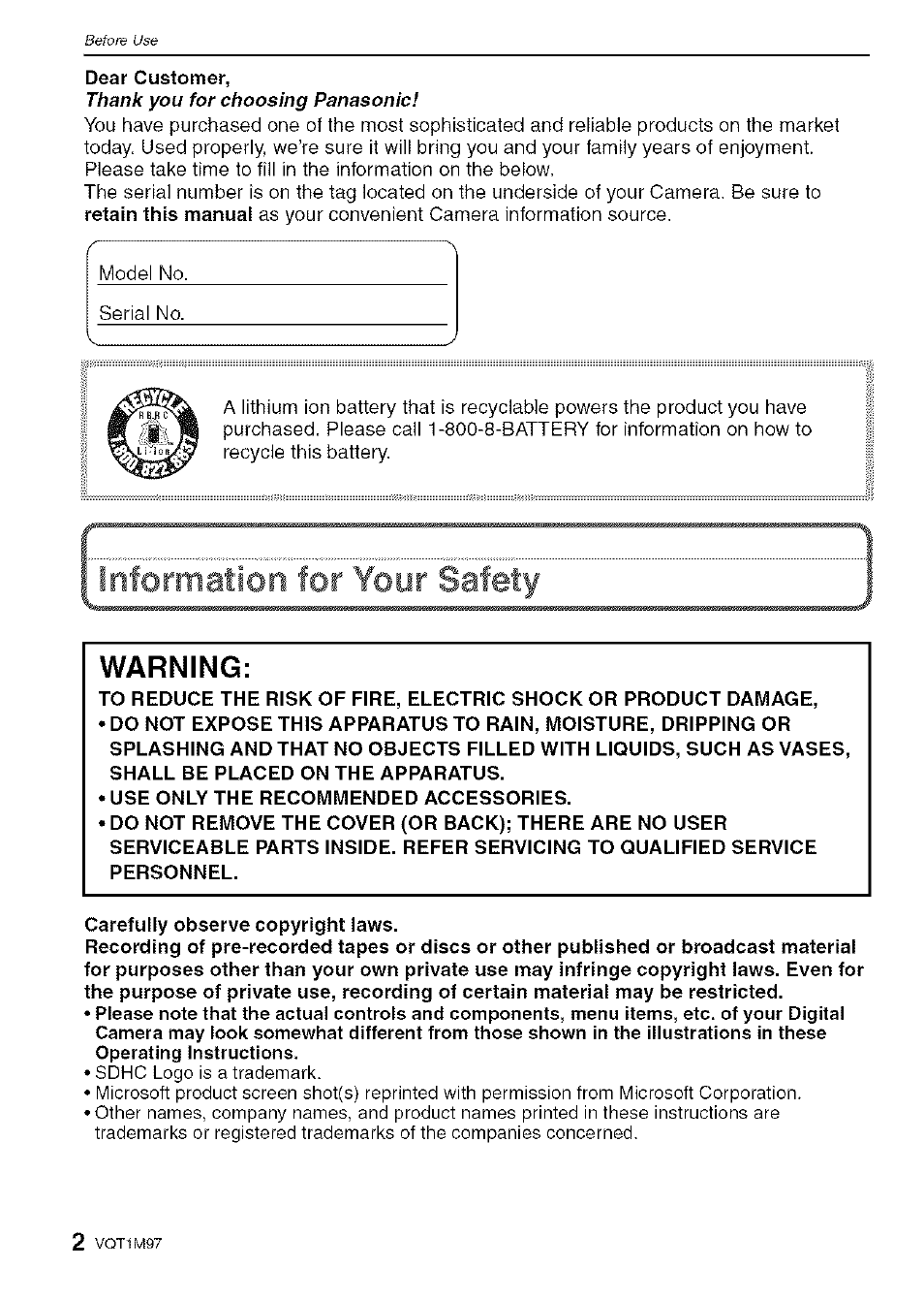 Warning | Panasonic DMC-FS5 User Manual | Page 2 / 120