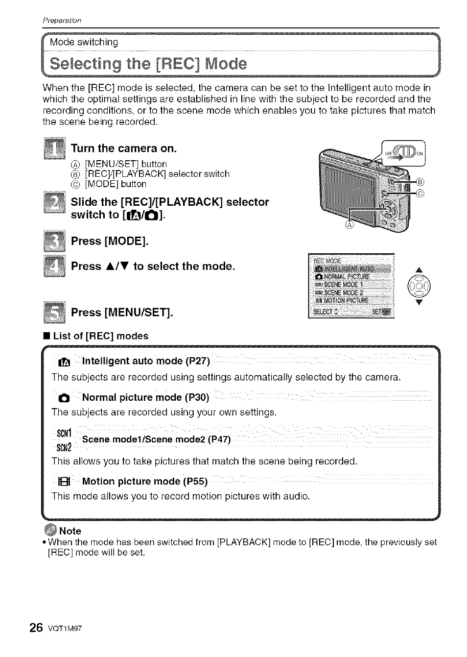 Imuq, Selecting the [rec] mode | Panasonic DMC-FS5 User Manual | Page 26 / 120