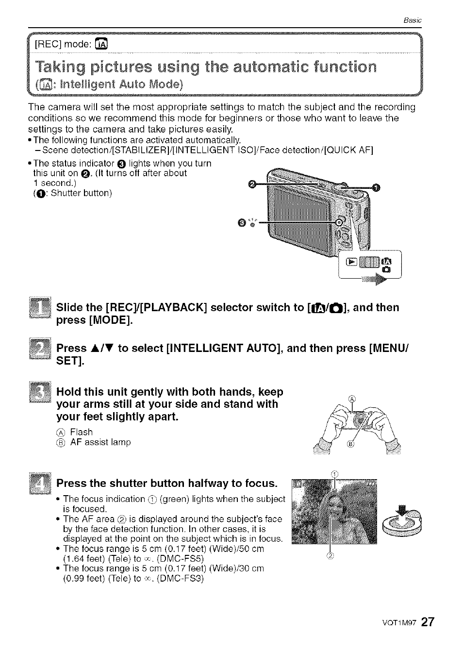 Taking pictures using the auiomaiic function, 1^; intelligent auto mode) | Panasonic DMC-FS5 User Manual | Page 27 / 120
