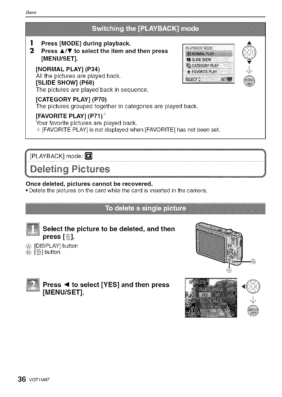 Deleting pictures | Panasonic DMC-FS5 User Manual | Page 36 / 120