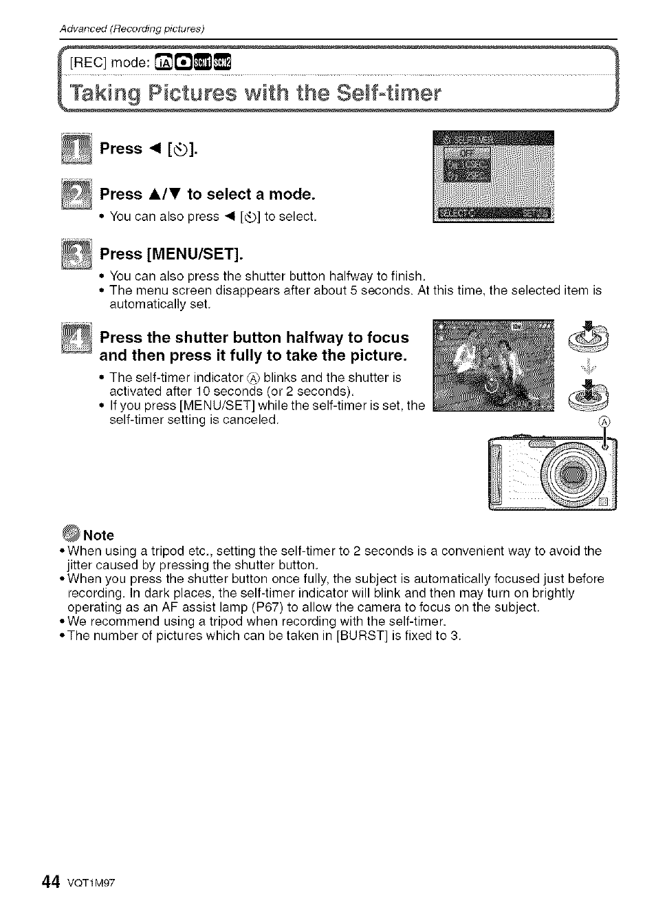 Taking pictures with the seif-iirner | Panasonic DMC-FS5 User Manual | Page 44 / 120