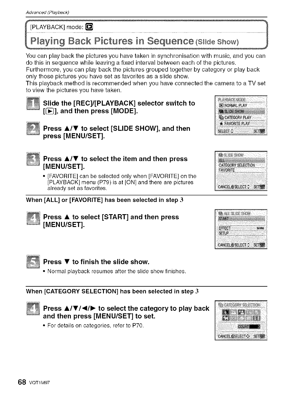 Playing back pictures in sequence (siicie show) | Panasonic DMC-FS5 User Manual | Page 68 / 120