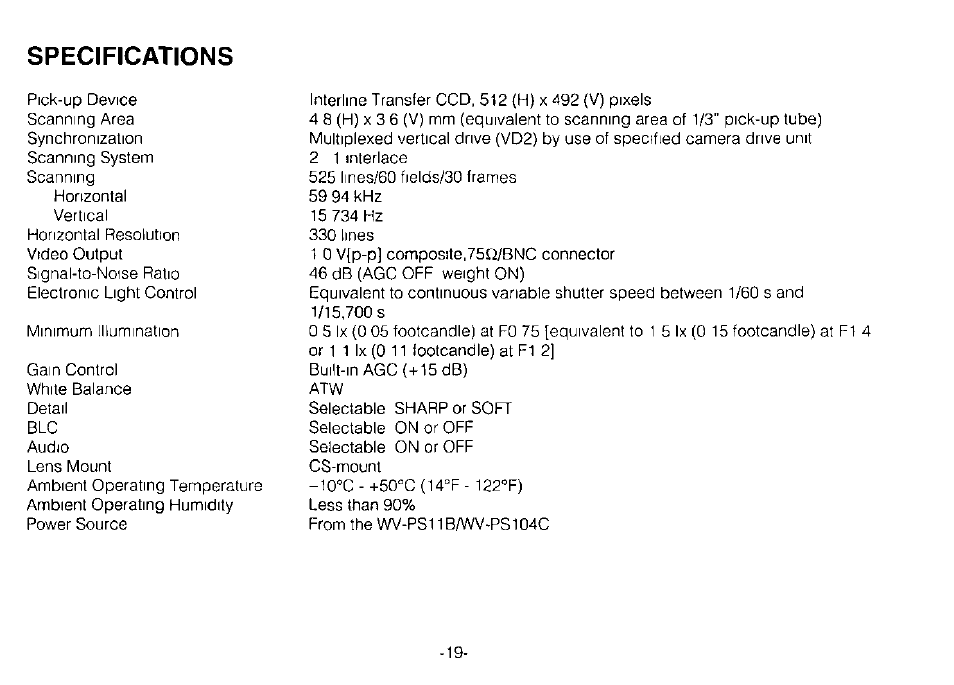 Specifications | Panasonic WV-CP120 User Manual | Page 21 / 23