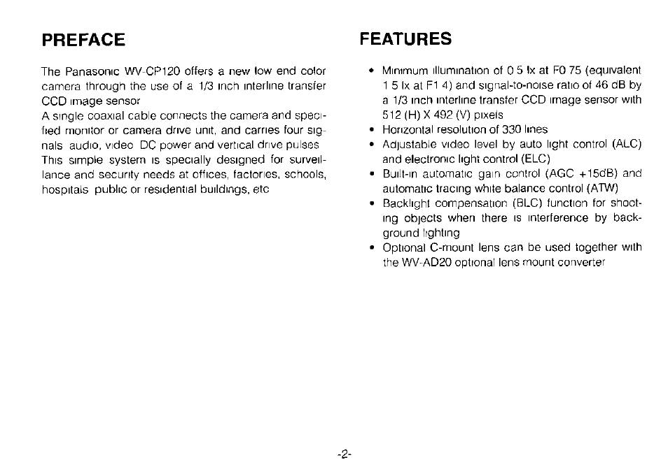 Preface features | Panasonic WV-CP120 User Manual | Page 4 / 23