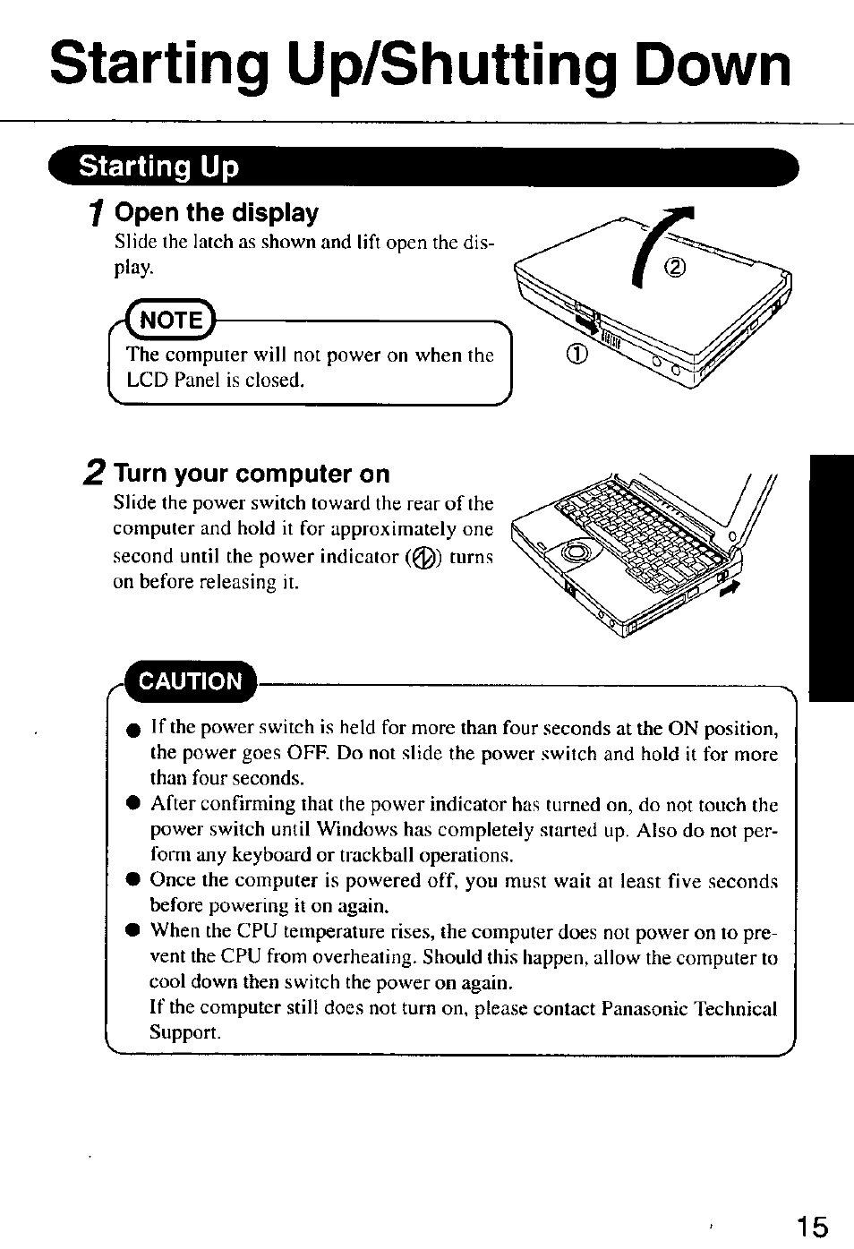 Starting up/shutting down, Starting up, 7 open the display | 2 turn your computer on, Starting up/shutkr^ down_ 15, Xii 2 ie | Panasonic CF-M32 Series User Manual | Page 15 / 88