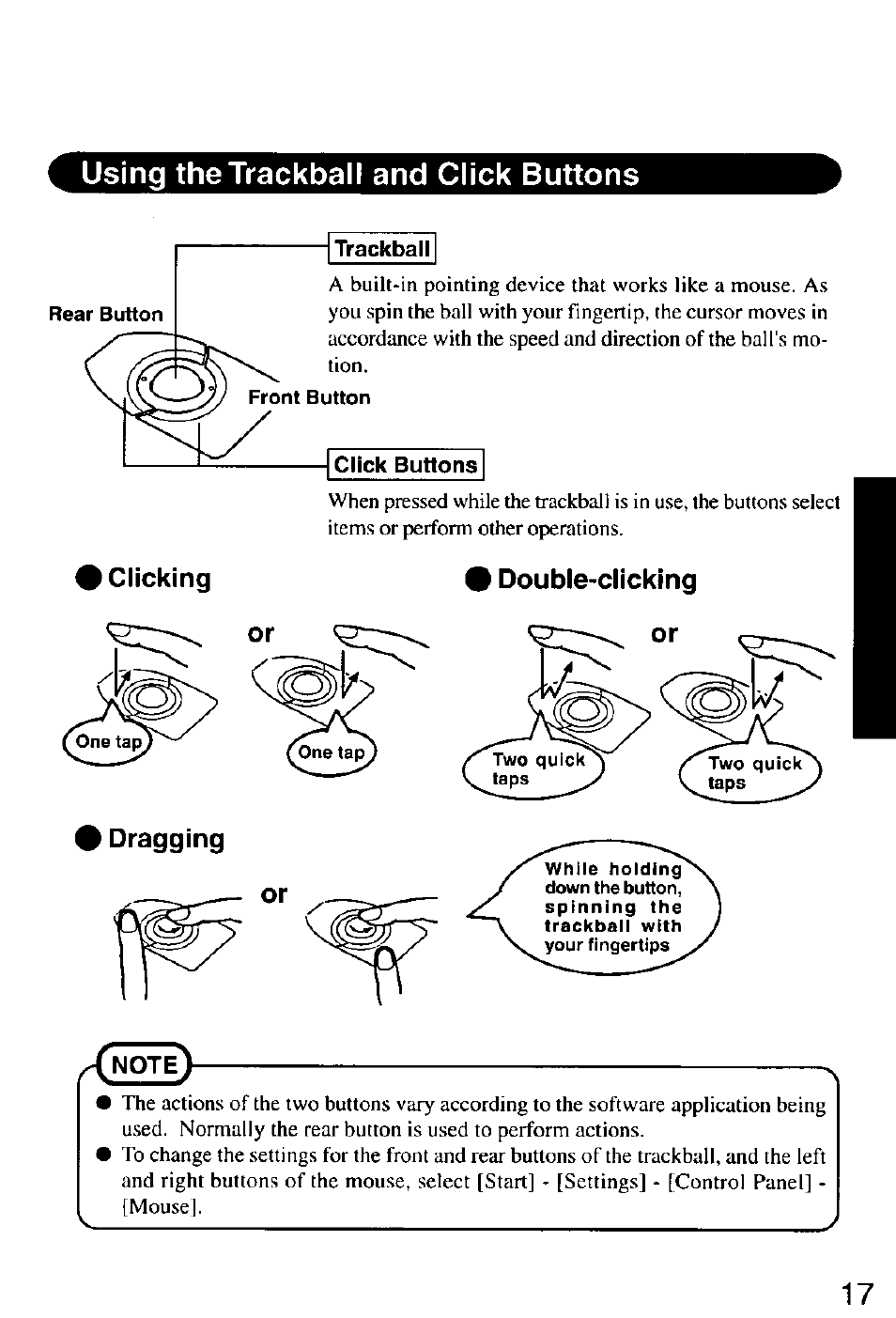 Using the trackball and click buttons, Double-clicking, Note | Clicking double-clicking or | Panasonic CF-M32 Series User Manual | Page 17 / 88