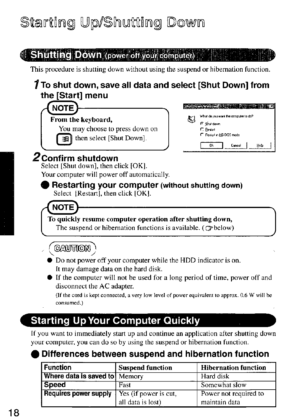 Confirm shutdown, Restarting your computer (without shutting down), Starting up your computer quickly | Restarting your computer | Panasonic CF-M32 Series User Manual | Page 18 / 88