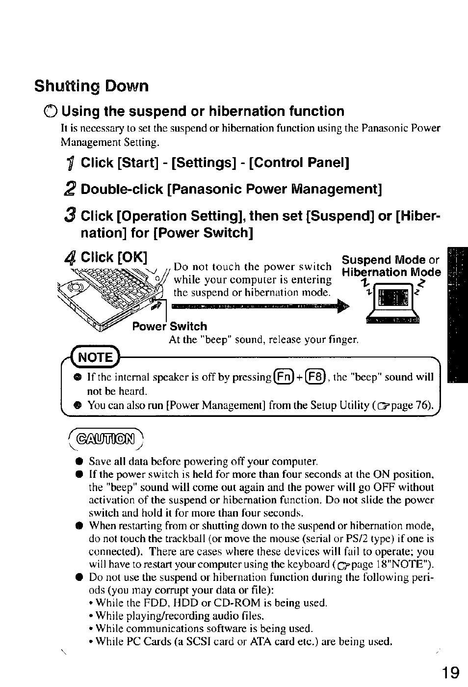 Shutting down, O using the suspend or hibernation function, Click [start] - [settings] - [control panel | 2 double-click [panasonic power management, 4 click [ok, Double-click [panasonic power management, Click [ok | Panasonic CF-M32 Series User Manual | Page 19 / 88