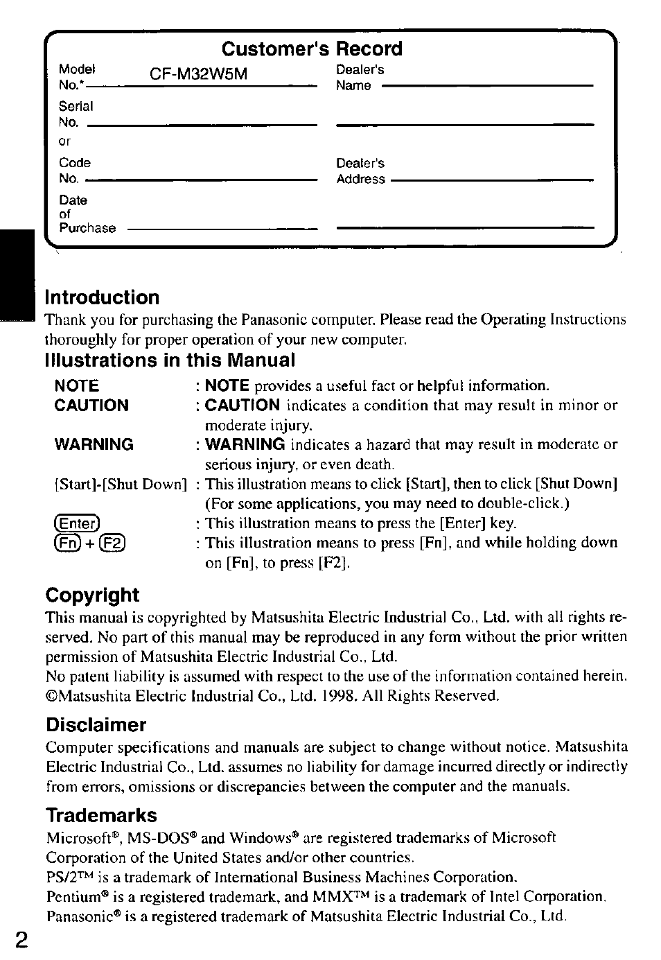 Customer's record, Introduction, Illustrations in this manual | Copyright, Disclaimer, Trademarks | Panasonic CF-M32 Series User Manual | Page 2 / 88