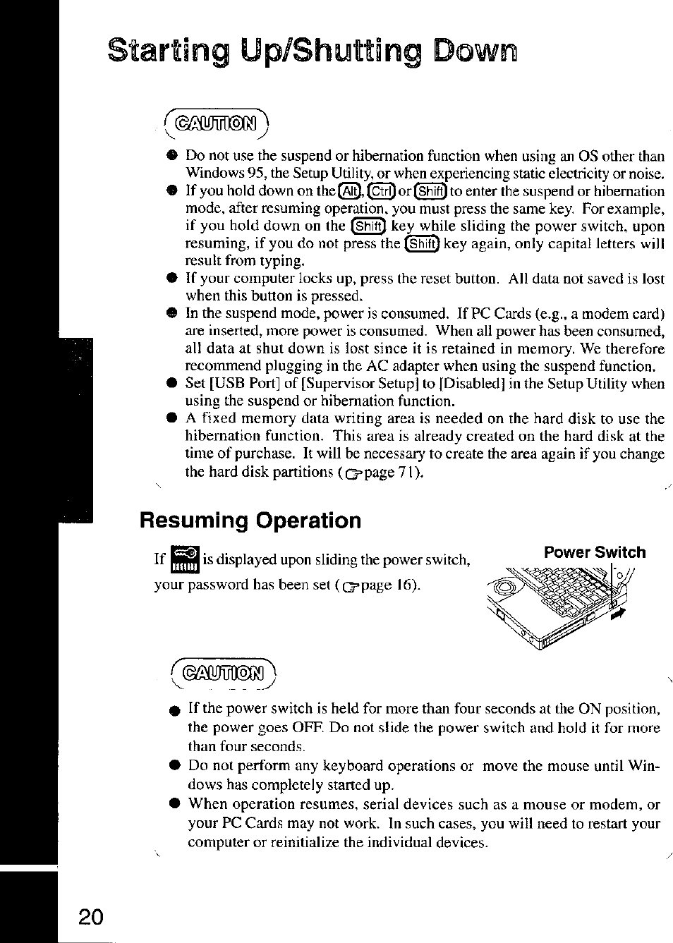 Resuming operation, Starting up/shutting down, Mumiigca | Panasonic CF-M32 Series User Manual | Page 20 / 88