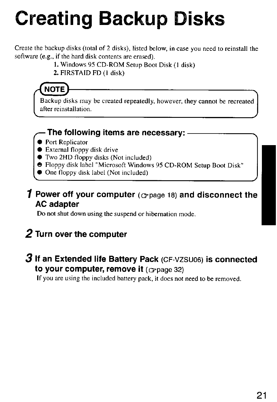 Creating backup disks, The following items are necessary, 2 turn over the computer | Creating backup oisks | Panasonic CF-M32 Series User Manual | Page 21 / 88