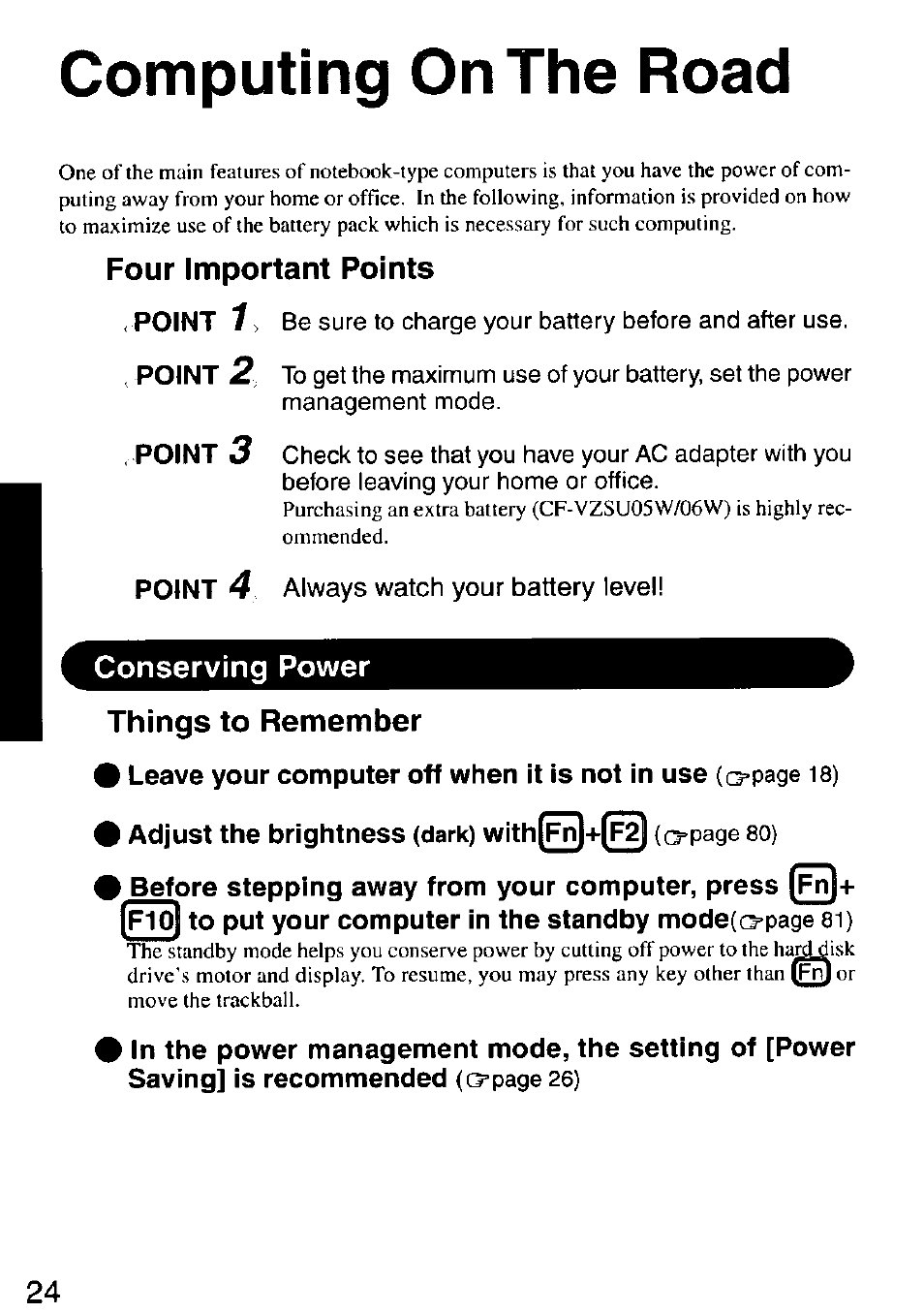 Computing on the road, Four important points, Conserving power | Things to remember, Compubr>g on the road | Panasonic CF-M32 Series User Manual | Page 24 / 88