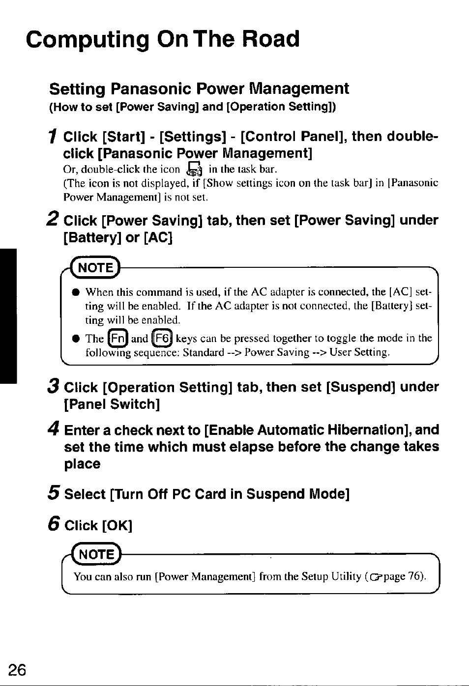 Computing on the road, Setting panasonic power management | Panasonic CF-M32 Series User Manual | Page 26 / 88