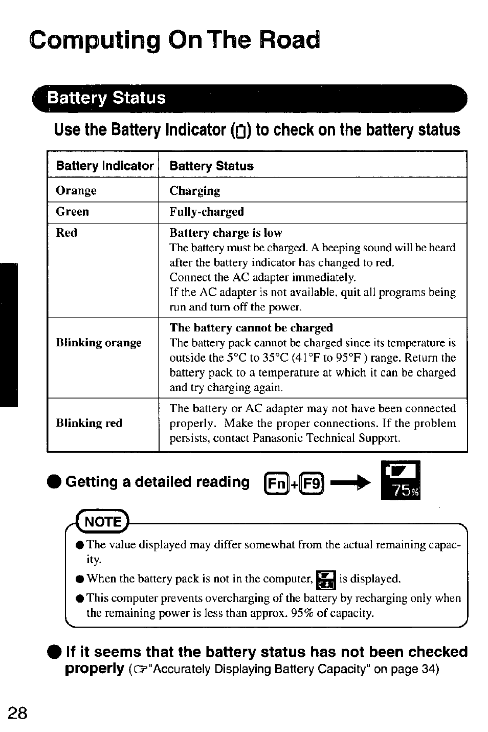 Computing on the road, Battery status, Getting a detailed reading |fn]+|f9 | Panasonic CF-M32 Series User Manual | Page 28 / 88