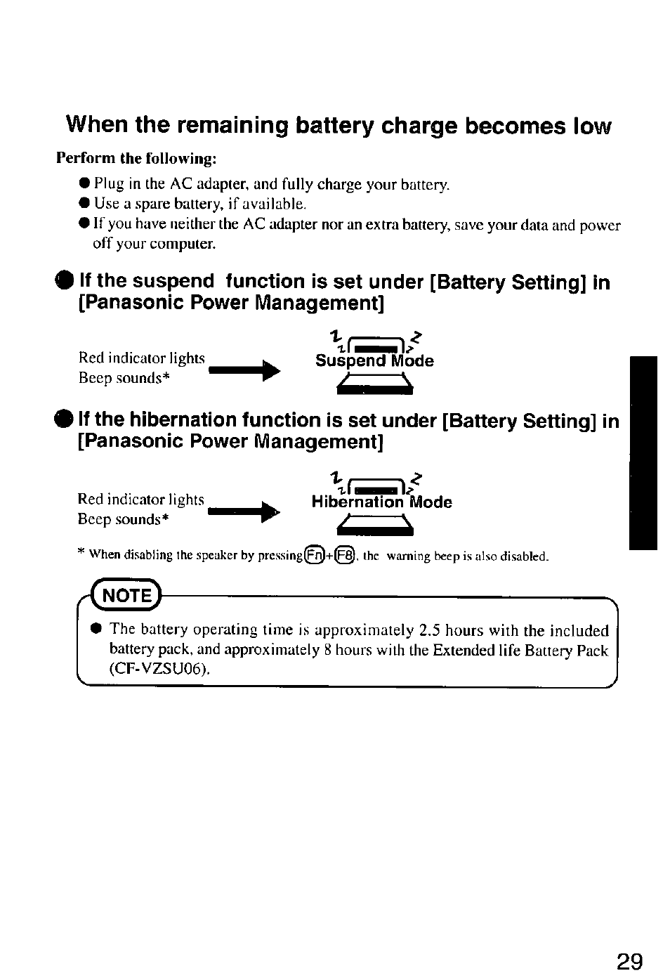 When the remaining battery charge becomes low | Panasonic CF-M32 Series User Manual | Page 29 / 88