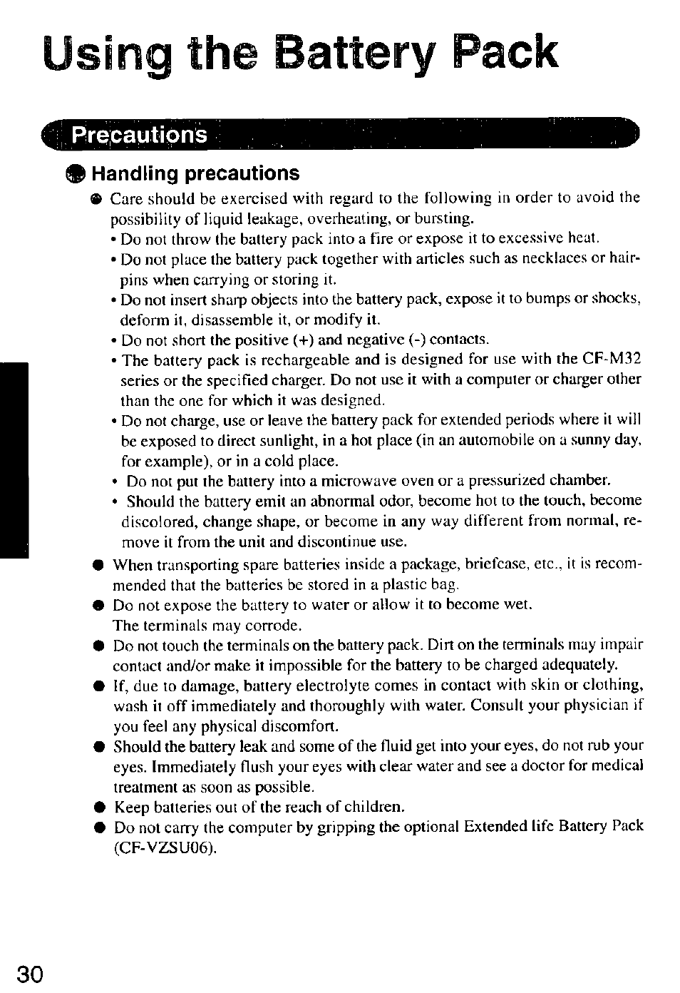 Using the battery pack, Precautions, Handling precautions | Usmg the battery pack | Panasonic CF-M32 Series User Manual | Page 30 / 88