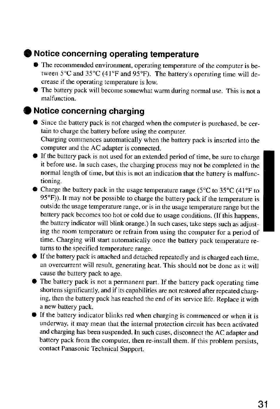 Notice concerning operating temperature, Notice concerning charging | Panasonic CF-M32 Series User Manual | Page 31 / 88