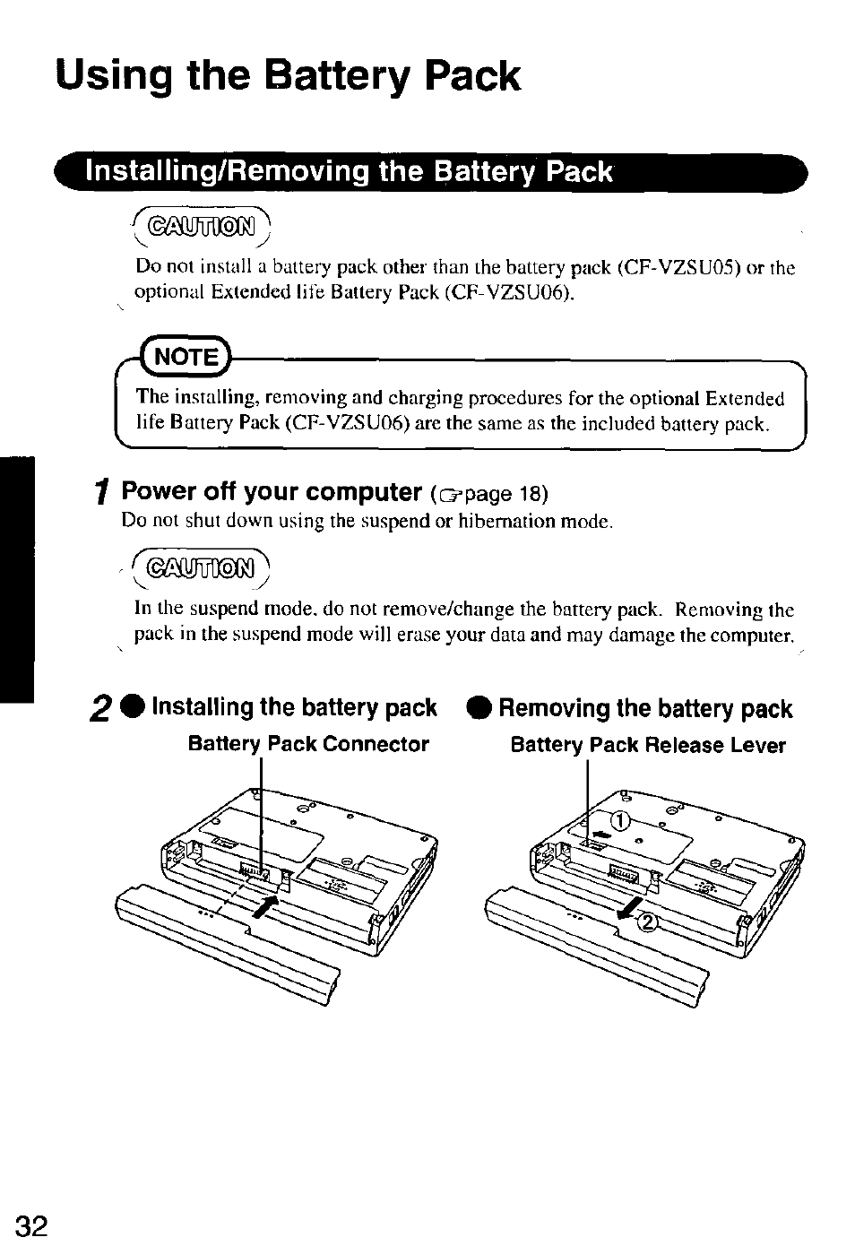 Using the battery pack, Installing/removing the battery pack, Mutuosca) | Panasonic CF-M32 Series User Manual | Page 32 / 88