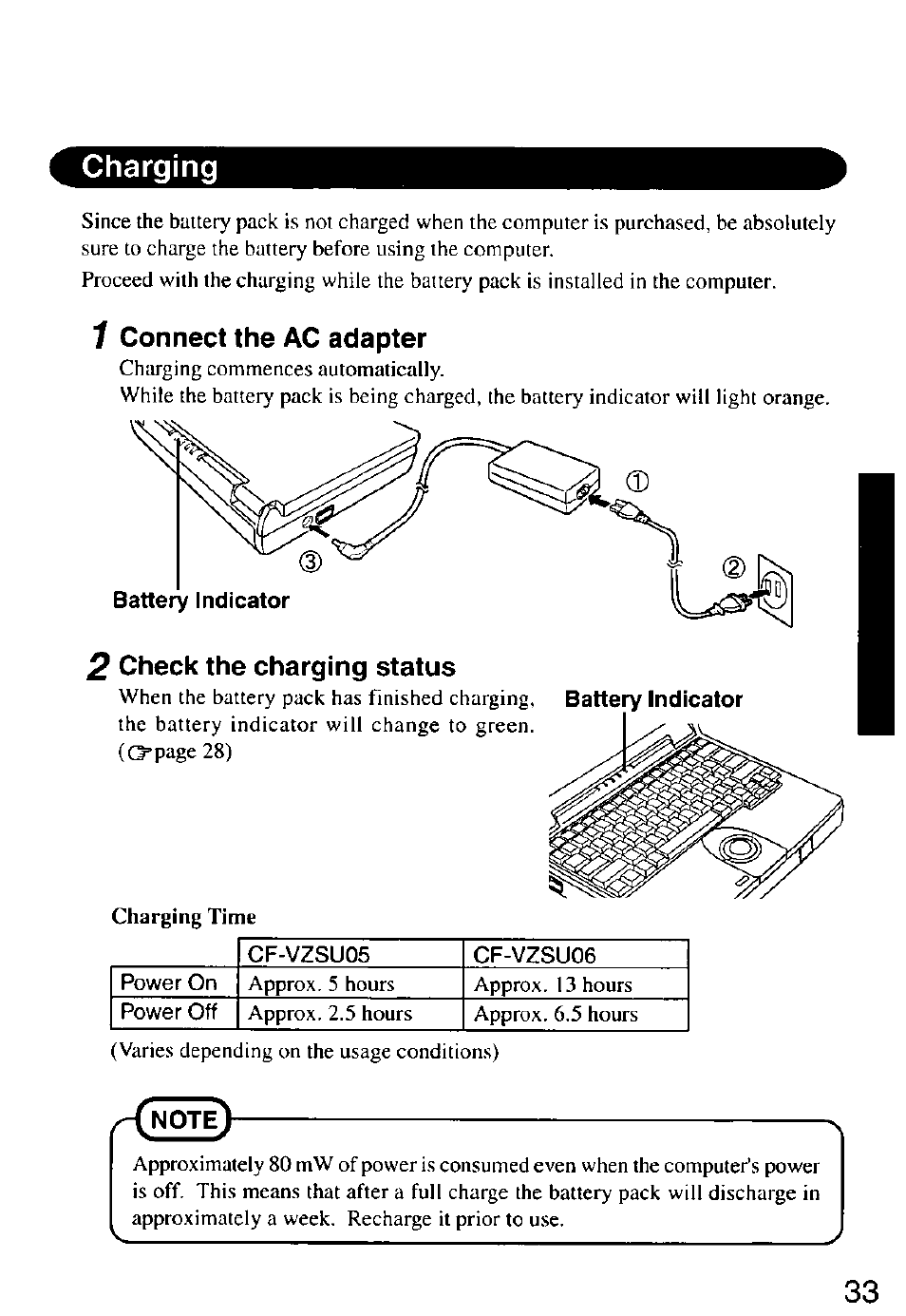 Charging, 1 connect the ac adapter, 2 check the charging status | Panasonic CF-M32 Series User Manual | Page 33 / 88