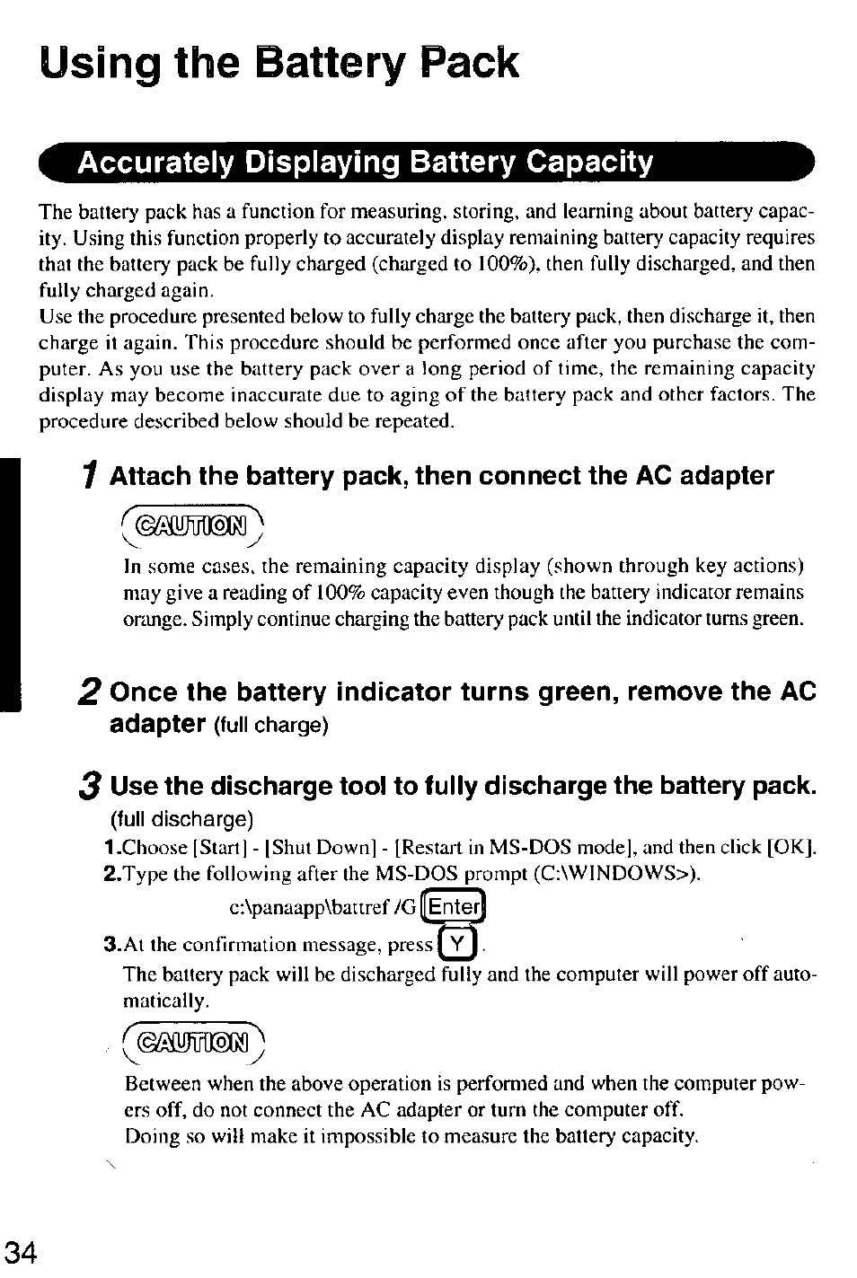 Using the battery pack, Accurately displaying battery capacity | Panasonic CF-M32 Series User Manual | Page 34 / 88