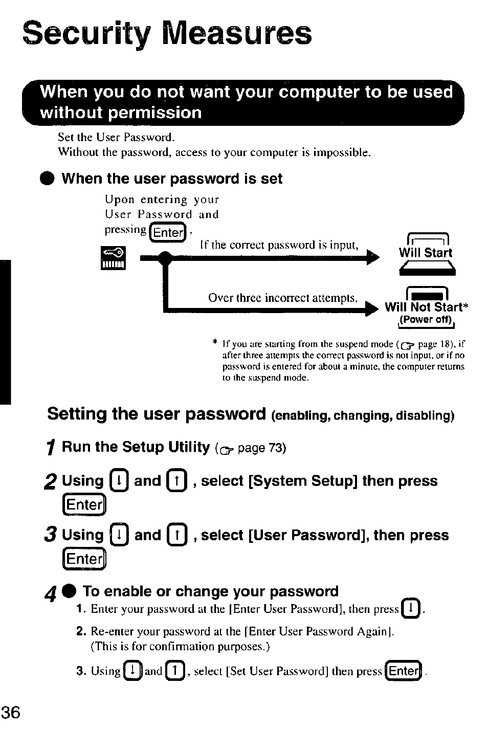 When the user password is set, Enter, To enable or change your password | Security measures | Panasonic CF-M32 Series User Manual | Page 36 / 88