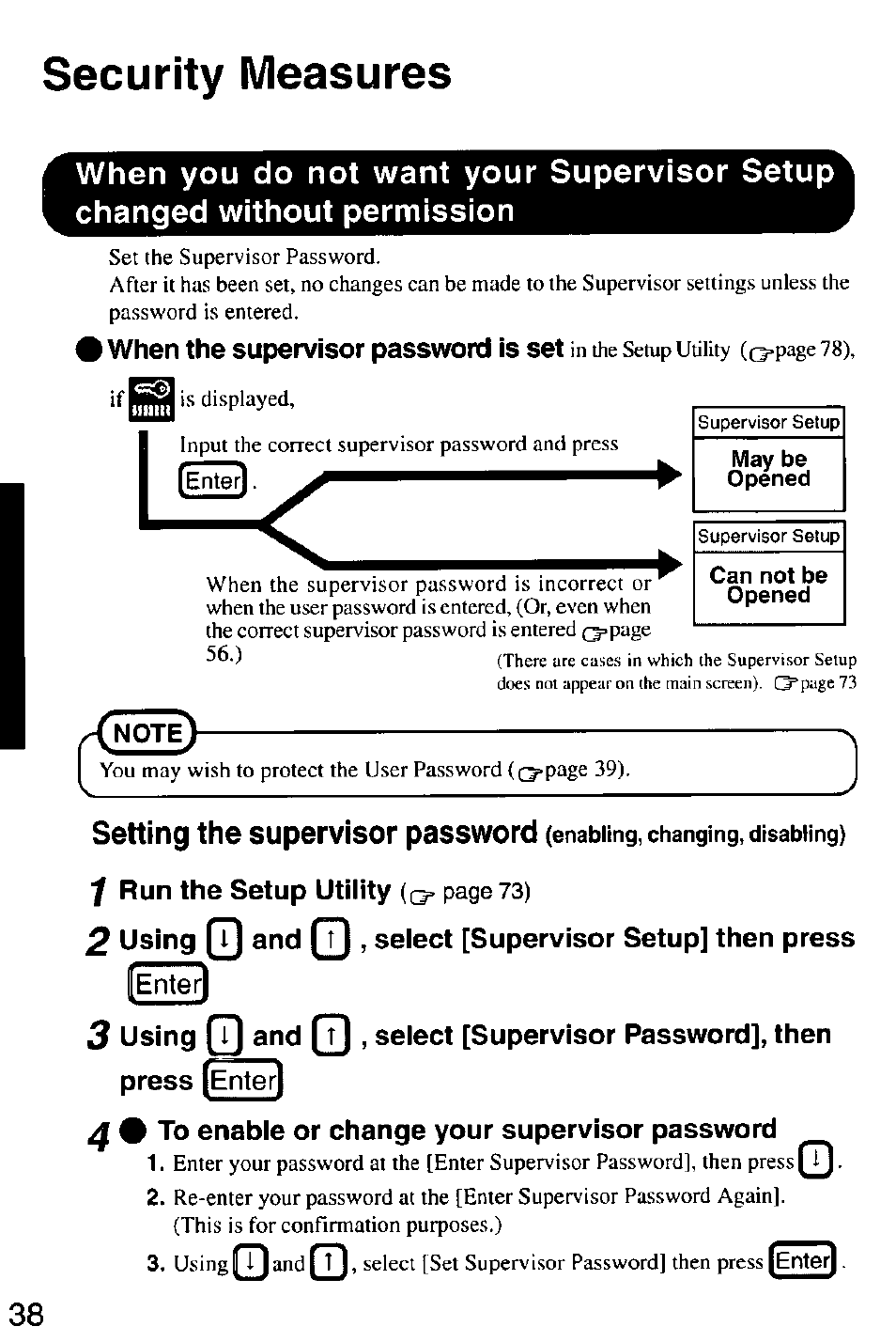 Security measures, Enter, To enable or change your supervisor password | Setting the supervisor password | Panasonic CF-M32 Series User Manual | Page 38 / 88