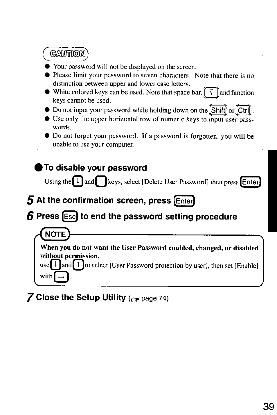 To disable your password, 5 at the confirmation screen, press [enter | Panasonic CF-M32 Series User Manual | Page 39 / 88